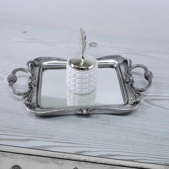 Selim Dekor Feryal Aynalı Tepsi Gümüş - Resim 4