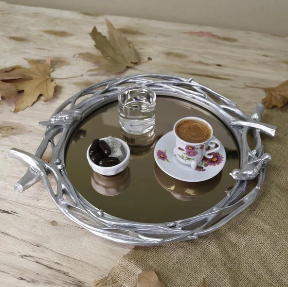 Selim Dekor Mavera  Aynalı Tepsi Gümüş - Resim 4