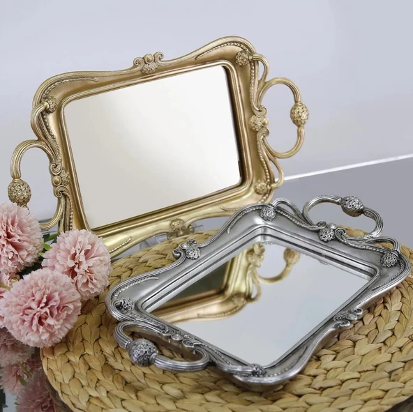 Selim Dekor Feryal Aynalı Tepsi Gümüş - Resim 5