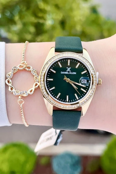 Daniel Klein DKISTE1203 Kasası Gold Kordonu Yeşil Renk Hediye Paketli Kadın Kol Saati ve Bileklik - 3