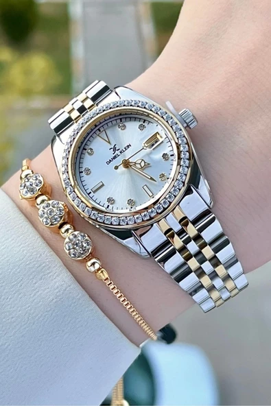 Daniel Klein DK1ISTE1224 Gold Gümüş Renk Hediye Paketli Takvimli Kadın Kol Saati ve Bileklik