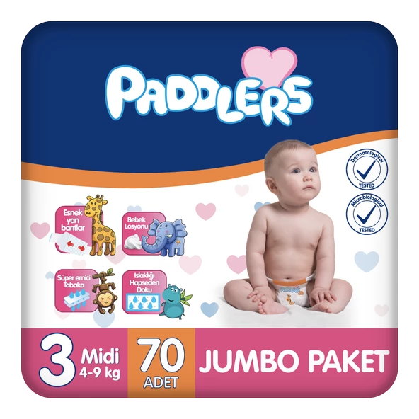 Paddlers Bebek Bezi 3 Numara Midi 70 Adet (4-9 Kg) Jumbo Paket