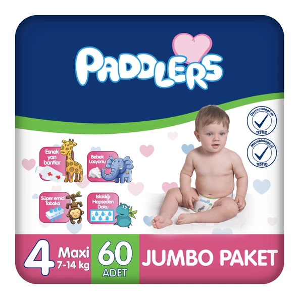 Paddlers Bebek Bezi 4 Numara Maxi 60 Adet (8-19 Kg) Jumbo Paket