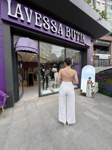 BELİ ÇITÇITLI PİLE DETAYLI PALAZZO PANTOLON - BEYAZ - 3