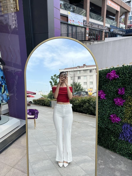 KEMERLİ İSPSNYOL PAÇA LİKRALI PAÇASI YIRTMAÇLI KUMAŞ PANYOLON- BEYAZ - 3