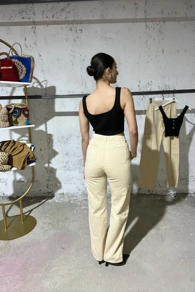 Yüksek bel kargo pantolon - krem rengi - 2