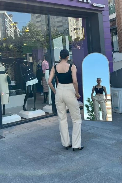 Yüksek bel kargo pantolon - krem rengi - 3