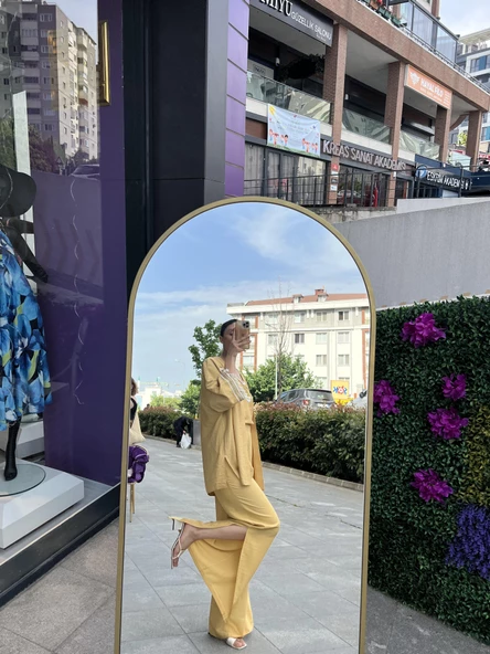 Kol detaylı salaş keten kimono SAFRAN SARISI - 5