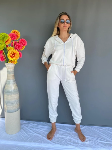 Eşofman Takımı Üst Fermuarlı Alt Paça Ve Kemer Lastikli Ekru Renk - Resim 7