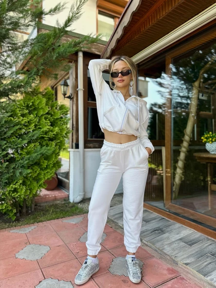 Eşofman Takımı Üst Fermuarlı Alt Paça Ve Kemer Lastikli Ekru Renk - Resim 4