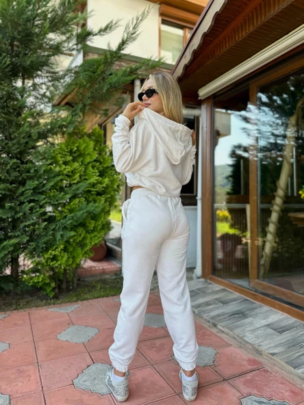 Eşofman Takımı Üst Fermuarlı Alt Paça Ve Kemer Lastikli Ekru Renk - Resim 5