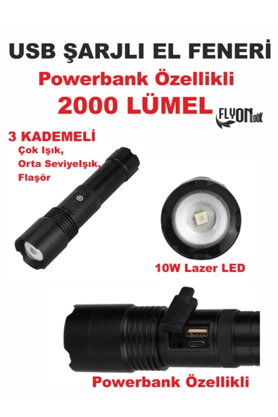 Ultra Güçlü Powerbank Özellikli 2000 Lümel El Feneri Zoom Özellik Şarj Gösterge Hızlı Dolum Deprem - 4