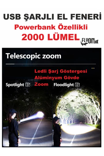 Ultra Güçlü Powerbank Özellikli 2000 Lümel El Feneri Zoom Özellik Şarj Gösterge Hızlı Dolum Deprem - 3