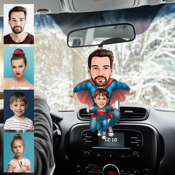 Baba Oğul Süpermen Tasarımlı Ahşap Araba Dikiz Ayna Süsü ürün görseli