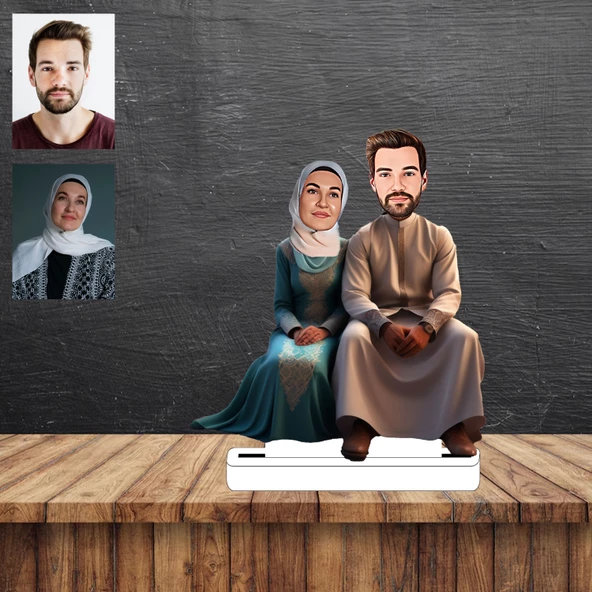 Tesettürlü Bayan Ve Eşi Karikatür Figürü,Sevgiliye Hediye,Doğum Günü Hediyesi - 1