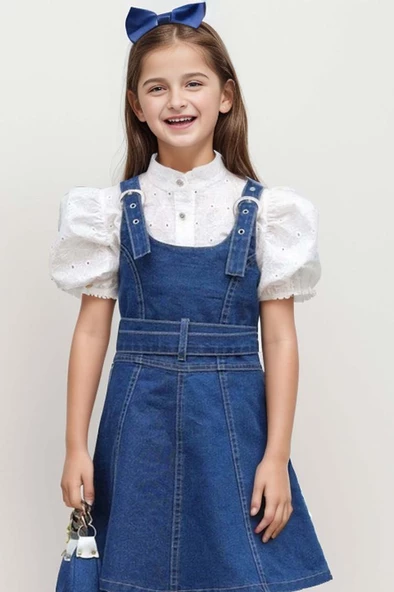 Kız Çocuk Dokuma İşlemeli Gömlek ve Askı Detaylı Jean Mavi Elbise - 3