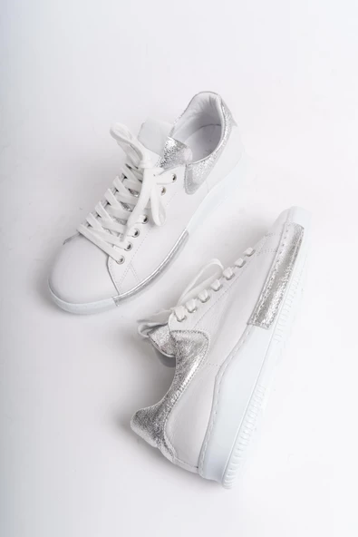 Harry Gümüş Beyaz Hakiki Deri Sneaker Kadın Günlük Spor Ayakkabı