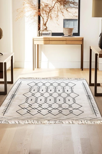 Beyaz İskandinav Yıkanabilir Kaymaz Bambu Halı Pamuk Kilim Salon Halısı ve Yolluk - 2