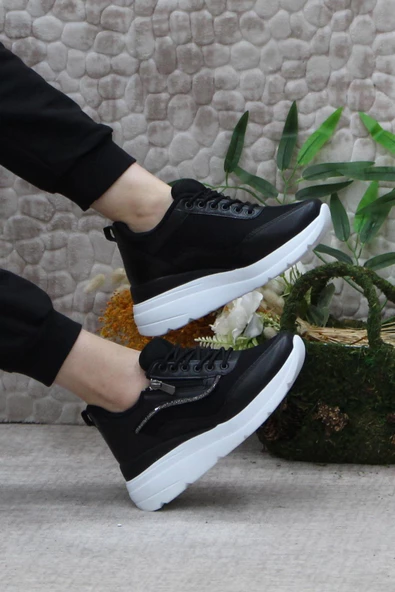 Fort Flet 207 Siyah Beyaz Fermuarlı Bağçıklı Dolgu Taban Kadın Spor Ayakkabı - Resim 5