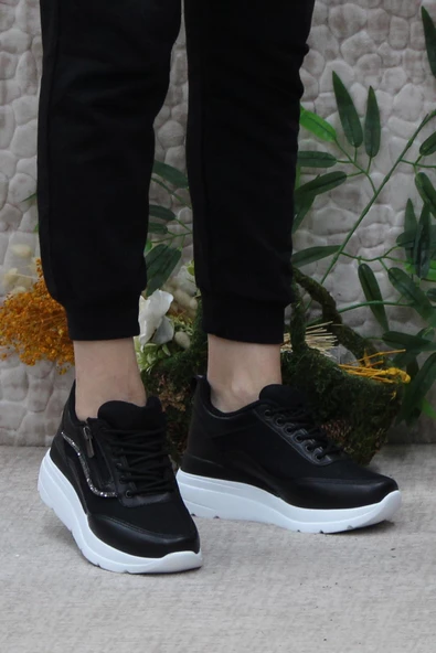 Fort Flet 207 Siyah Beyaz Fermuarlı Bağçıklı Dolgu Taban Kadın Spor Ayakkabı - Resim 2