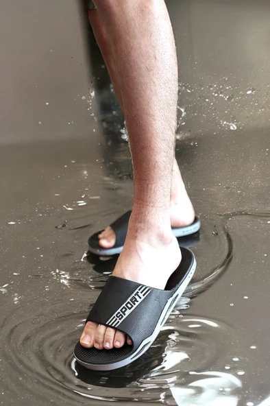 Erkek Siyah Kaymaz Taban Terlik Deniz Plaj Havuz Banyo Terliği Günlük Terlikk SPORT-7842 - 5