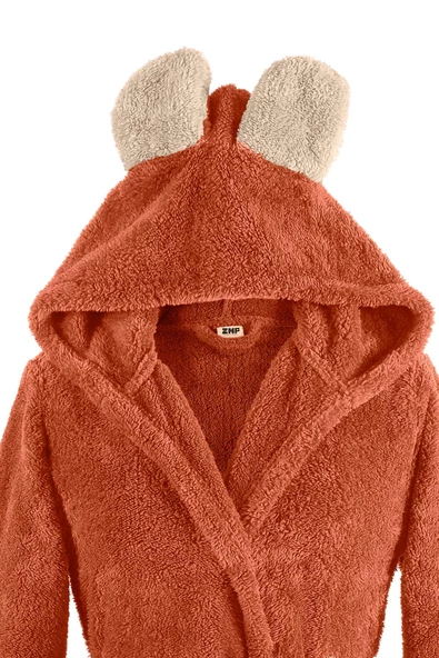 Fleece | Kapşonlu Wellsoft Peluş Sabahlık | Robdeşambr |  Bornoz Kiremit - 2