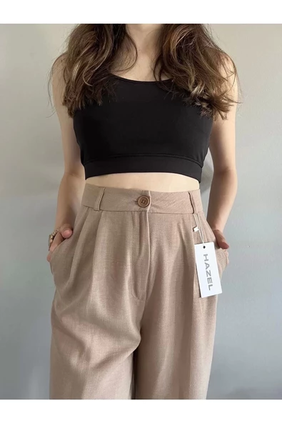 Kadın Vizon Yüksek Bel Keten Palazzo Pantolon - 5