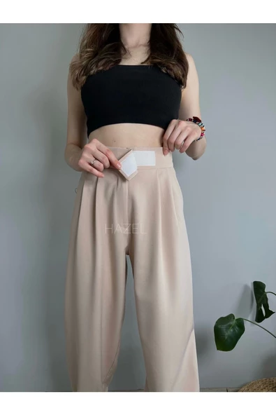 Kadın Taş Cırtlı Paçası Lastikli Yüksek Bel Balon Pantolon - 2