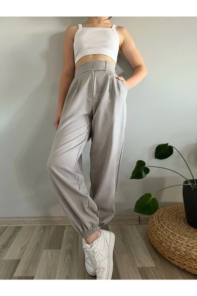 Kadın Gri Cırtlı Paçası Lastikli Yüksek Bel Balon Pantolon - 3