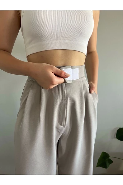 Kadın Gri Cırtlı Paçası Lastikli Yüksek Bel Balon Pantolon - 2
