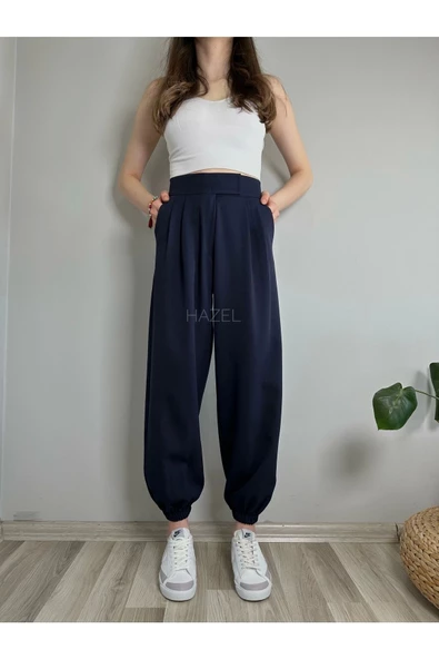 Kadın Lacivert Cırtlı Paçası Lastikli Yüksek Bel Balon Pantolon - 3