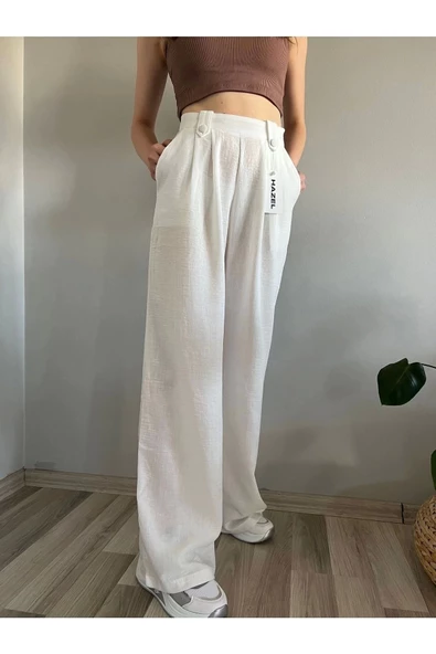 Kadın Beyaz Keten Düğmeli Yüksek Bel Palazzo Pantolon - 2