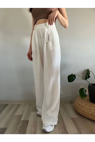 Kadın Beyaz Keten Düğmeli Yüksek Bel Palazzo Pantolon - 3