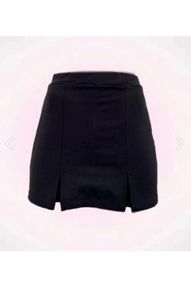 Siyah Keten Karışımlı Çift Yırtmaçlı Şort Etek - 6