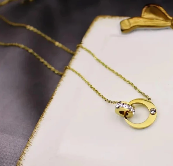 Taşlı Gold paslanmaz kolye Sns202877 - Resim 3