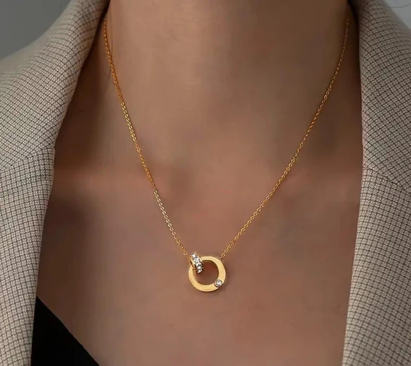 Taşlı Gold paslanmaz kolye Sns202877 - Resim 2