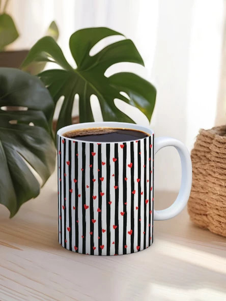 Baskılı Kupa Bardak Seramik Mug - Piyano Küçük Kalpler