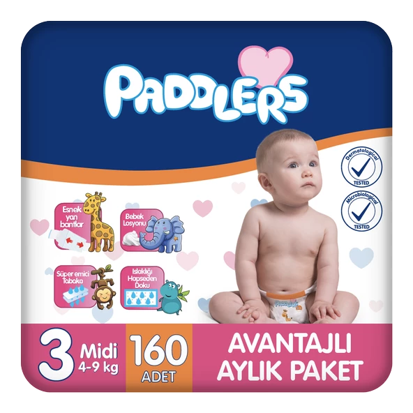 Paddlers Bebek Bezi 3 Numara Midi 160 Adet (4-9 Kg) Aylık Paket