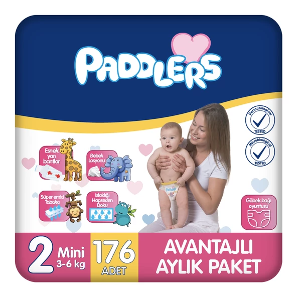 Paddlers Bebek Bezi 2 Numara Mini 176 Adet (3-6 Kg) Aylık Paket