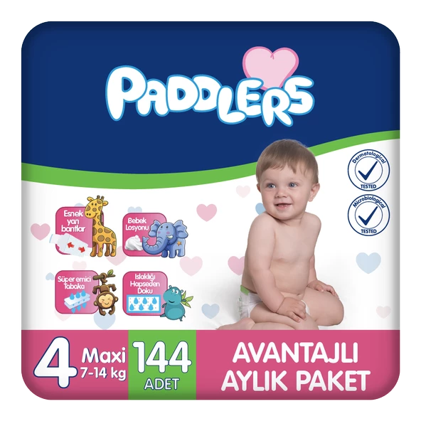 Paddlers Bebek Bezi 4 Numara Maxi 144 Adet (8-19 Kg) Aylık Paket