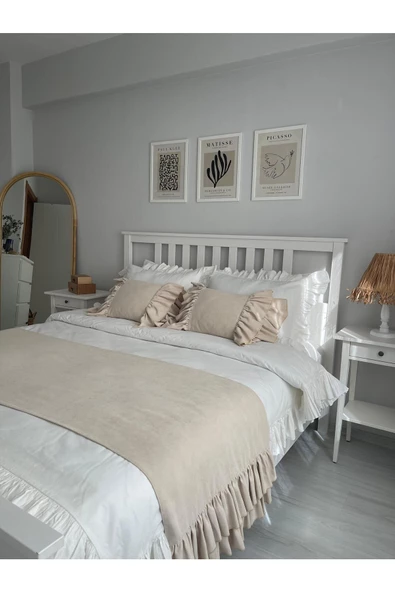 Yatak Runner & İç Dolgulu Kırlent Seti Çift Kişilik Fırfırlı Krem - 6