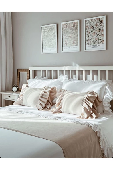 Yatak Runner & İç Dolgulu Kırlent Seti Çift Kişilik Fırfırlı Krem - 7