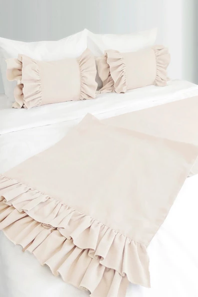 Yatak Runner & İç Dolgulu Kırlent Seti Çift Kişilik Fırfırlı Krem - 4