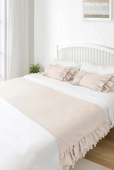 Yatak Runner & İç Dolgulu Kırlent Seti Çift Kişilik Fırfırlı Krem - 2