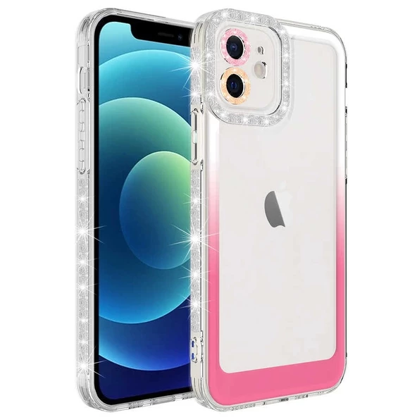 iPhone 11 Uyumlu Kılıf Simli ve Renk Geçiş Tasarımlı Lens Korumalı Uyumlu Park Kapak