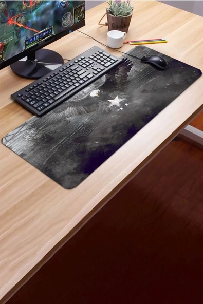 SonicTouch Kara Kartal Siyah Beyaz Yıldız Kaymaz Gaming Oyuncu Masaüstü Dikişsiz Siyah Klavye Mouse Pad 32x70Cm - 3