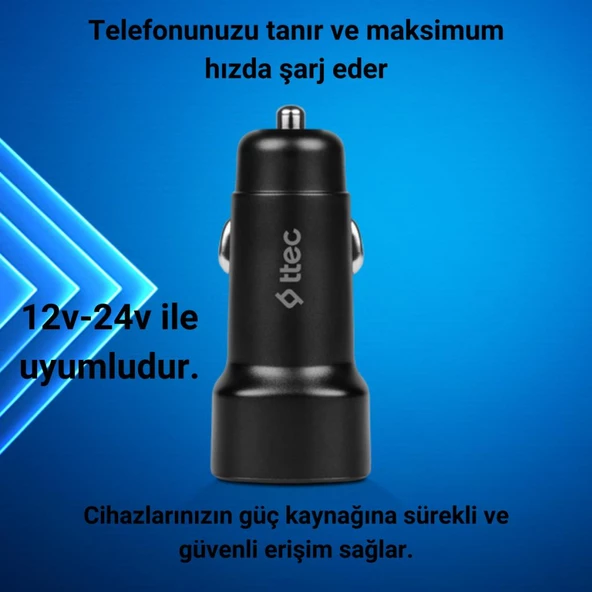 Ttec Süper Hızlı 3.1Amper 1xUSB ve 1x Type-C Araç Şarj Cihazı, 12/24V Çakmaklık Girişli Akım Korumalı - 3