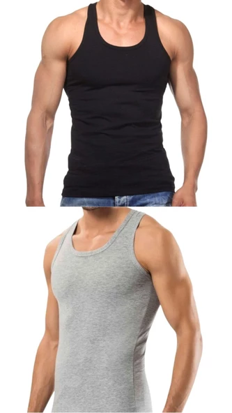 2 Adet Erkek Slim Fit Dar Kalıp Likralı Penye Sporcu Atleti(Rambo Atleti) - 3