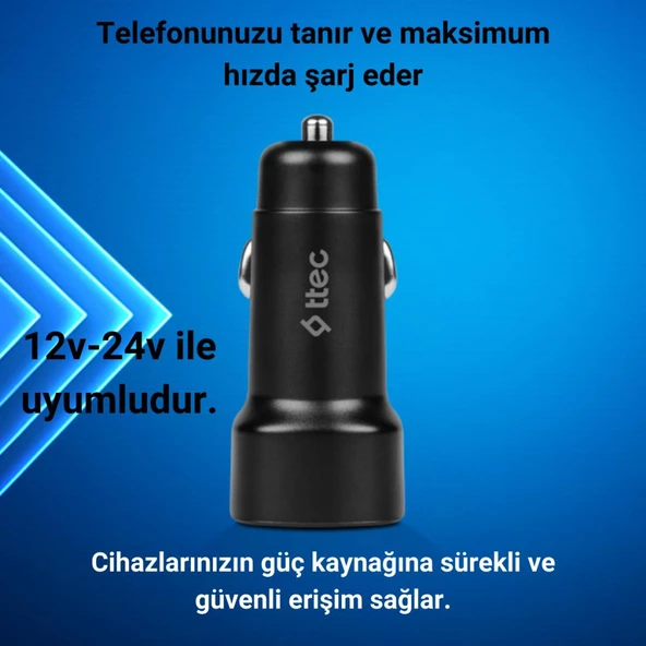 Ttec 1x USB Girişli 120CM İphone Lightning Şarj Kablolu Araç Şarj Cihazı, 12/24V Çakmaklık Girişli Akım Korumalı - 3