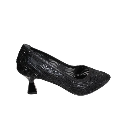YAZKIŞ Kadın Siyah Platin Tül Kumaş Üzeri Taşlı 6cm Kadeh Topuk Düğün Nişan abiye Ayakkabı - Resim 4